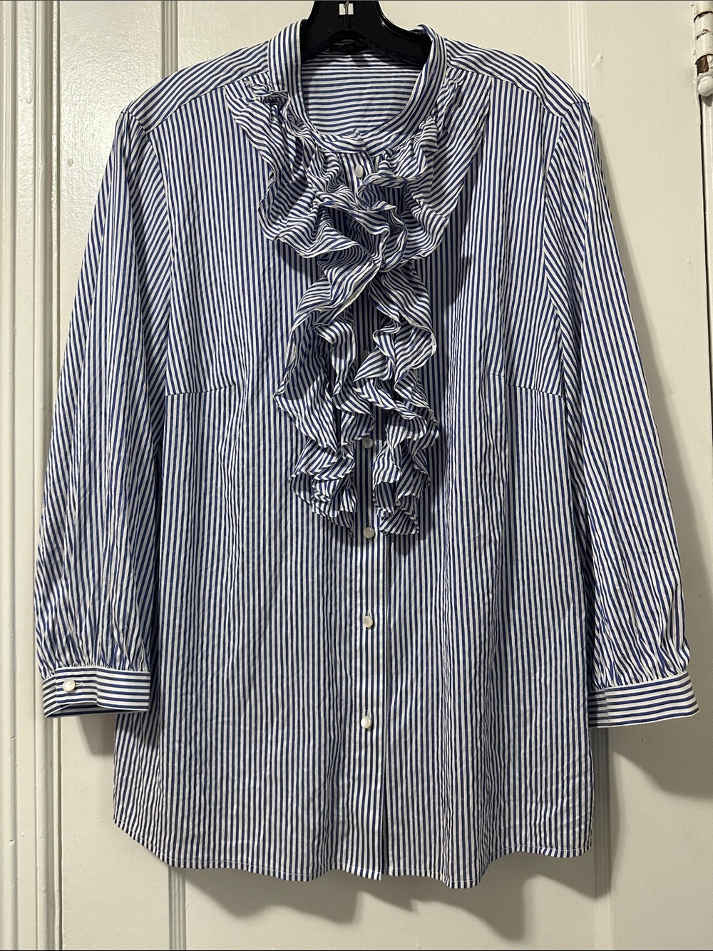 Escada Navy and White Striped Ruffle Front Shirt